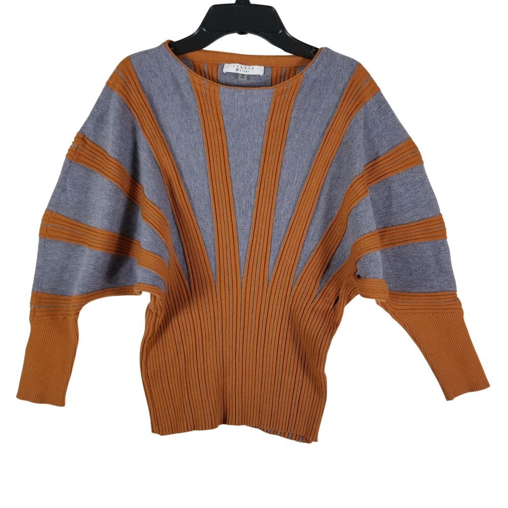 Liquid by Sioni Sweater Women Small Orange Gray Sunburst Ribbed Dolman Knit Top